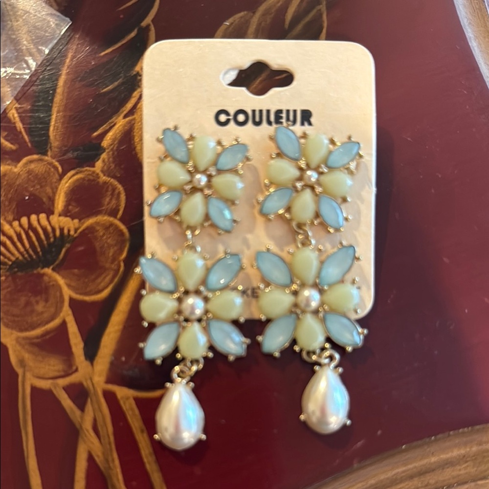 Vintage Blue and Cream Cluster Earrings with Ornate Metalwork